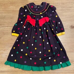 Vintage Cotton Sarah Kent Colorful Polka Dot Dress with Red Bows